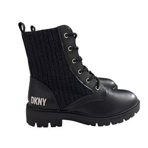 DKNY Black Faux Leather Crystal Side Zip Combat Boots Youth Girls Size 3 New